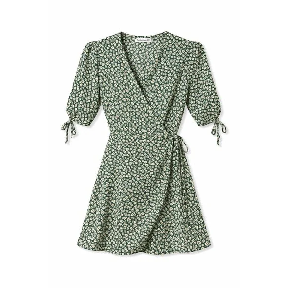 Reformation Green Floral Wrap Mini Dress Size Small Tie Sleeve V-Neck - Picture 2 of 8